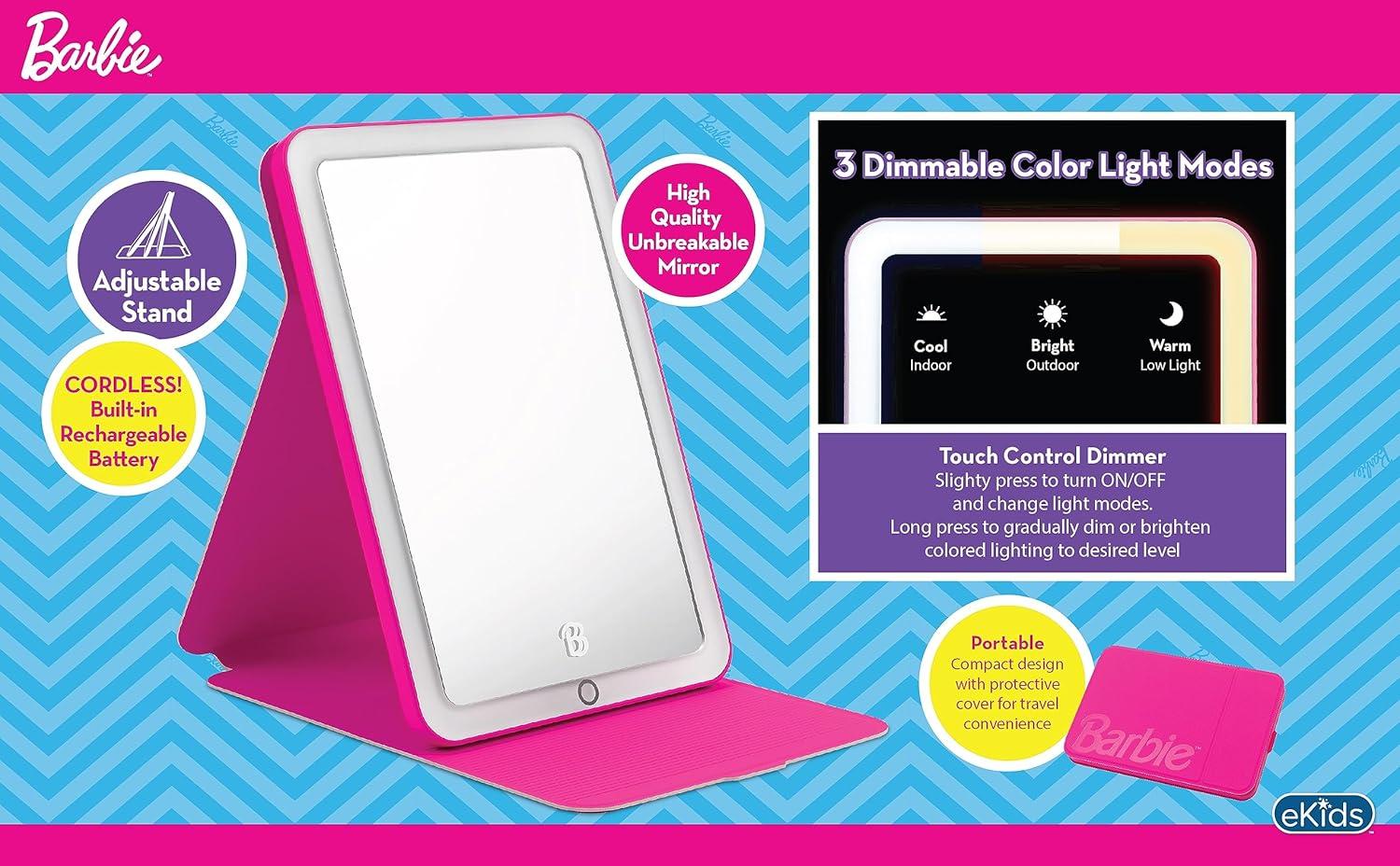 imageeKids Barbie Travel Mirror with Light and Adjustable Stand Shatterproof Makeup Mirror with Rechargeable Battery Designed for Fans of Barbie Accessories and Gifts