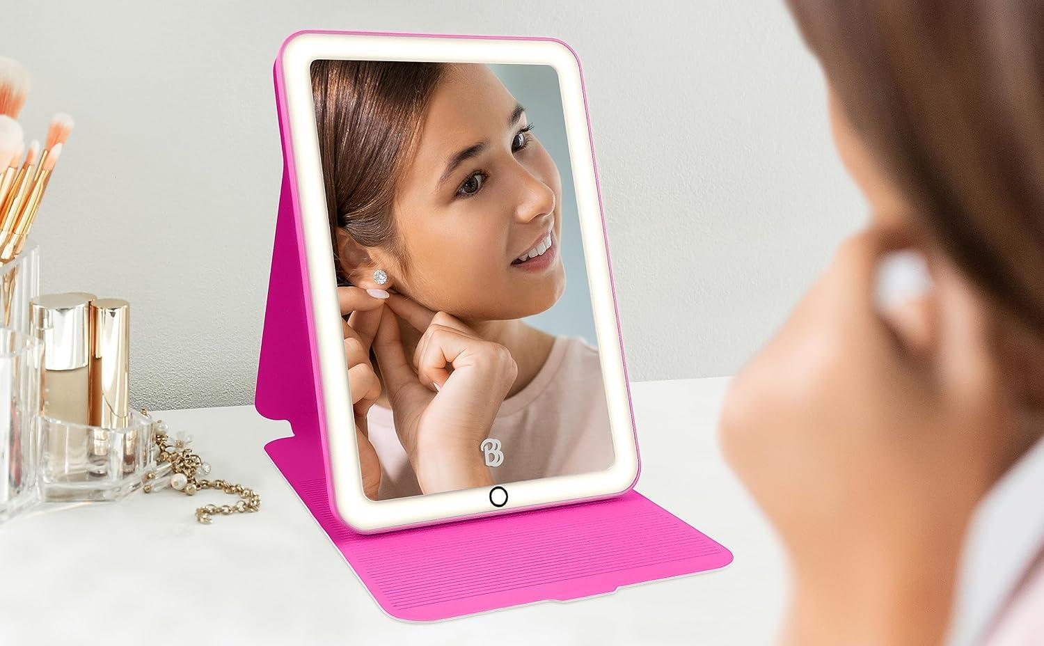 imageeKids Barbie Travel Mirror with Light and Adjustable Stand Shatterproof Makeup Mirror with Rechargeable Battery Designed for Fans of Barbie Accessories and Gifts