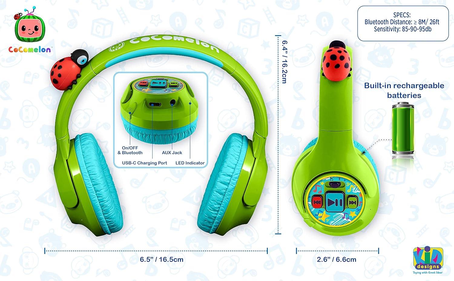 imageeKids Cocomelon Toddler Headphones with Builtin Kids Music Bluetooth Headphones with Rechargeable Battery and USBC Charging Cable Included