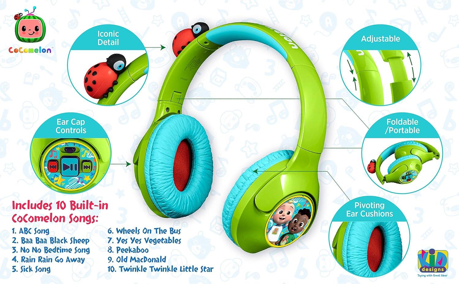 imageeKids Cocomelon Toddler Headphones with Builtin Kids Music Bluetooth Headphones with Rechargeable Battery and USBC Charging Cable Included