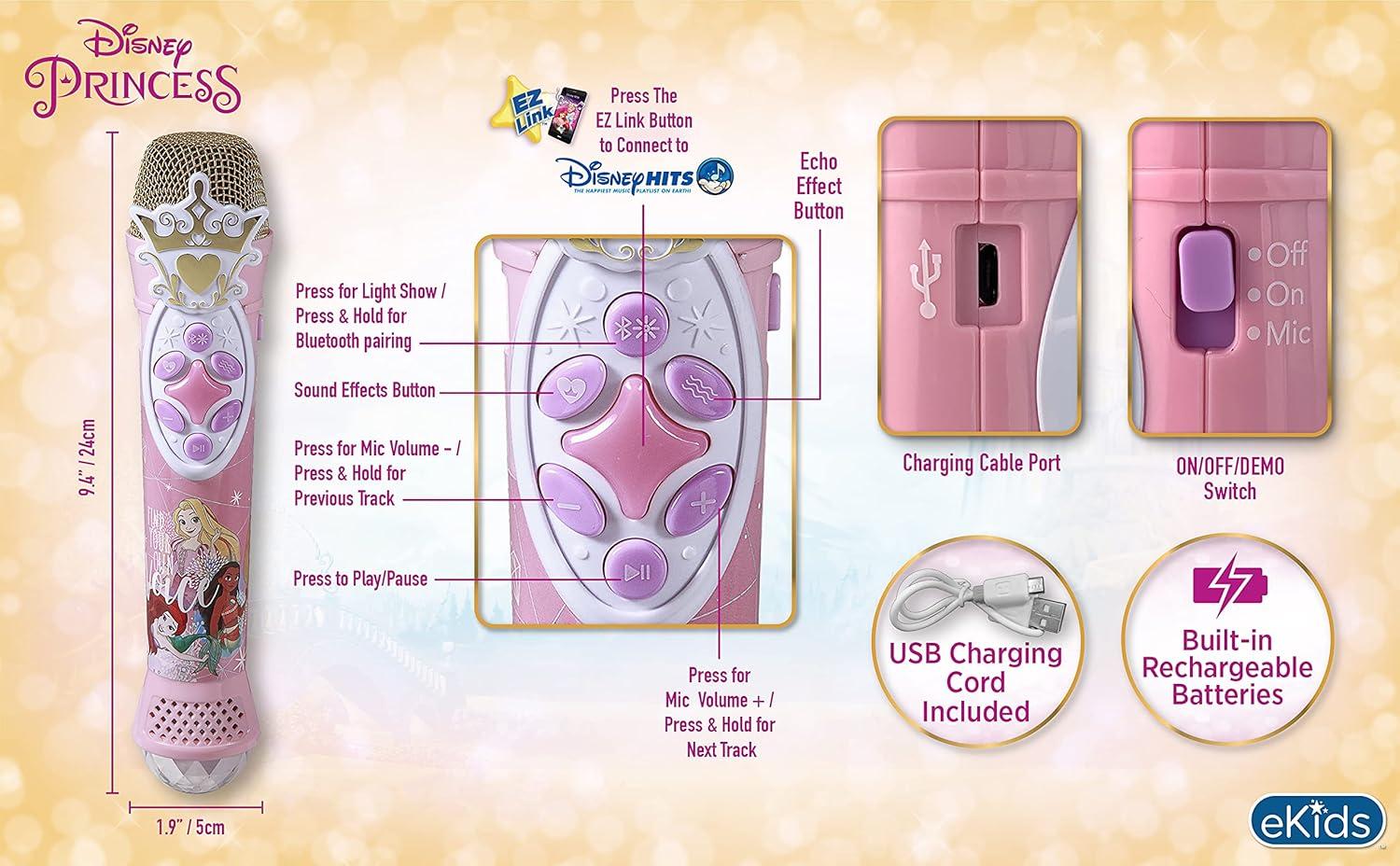 imageeKids Disney Princess Karaoke Microphone with Bluetooth Speaker Wireless Microphone Connects to Disney Songs Via EZ Link Feature for Fans of Disney Princess Toys