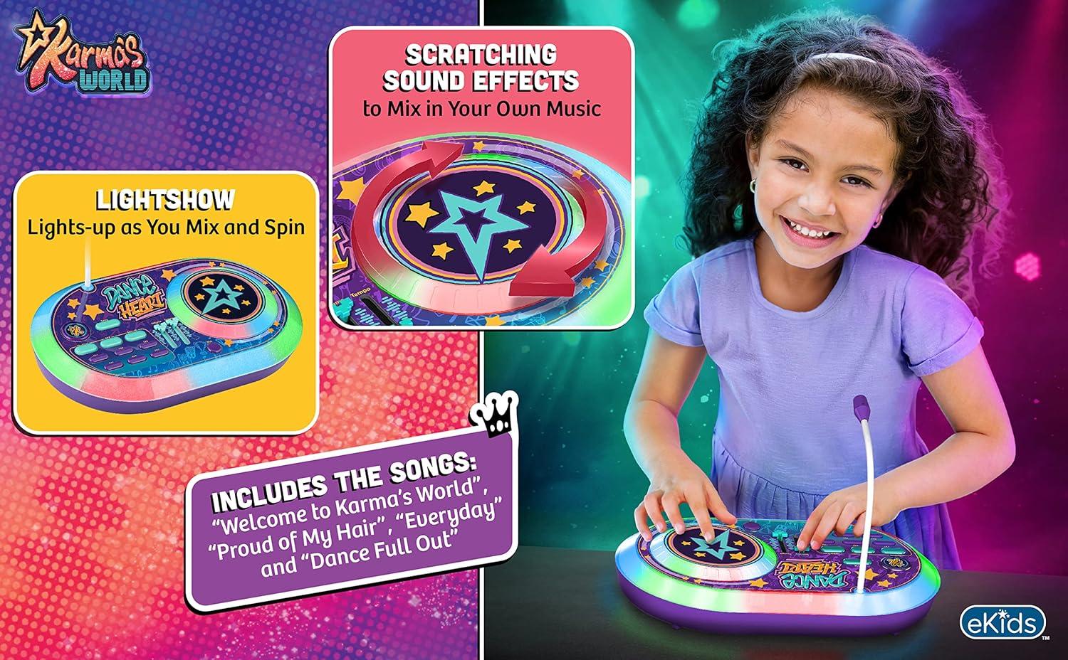 imageeKids Karmas World DJ Party Mixer Turntable Toy with Built in Microphone for Kids for Fans of Karmas World Toys for Girls