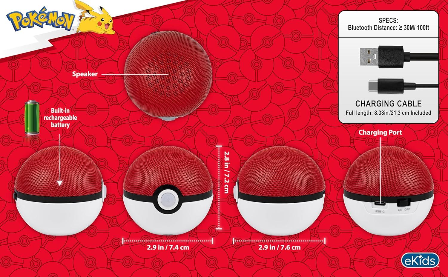 imageeKids Pokemon Pokeball Bluetooth Speaker Wireless Speaker with Rechargeable Battery and USBC Charging Cable