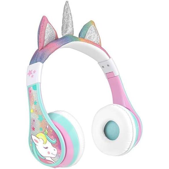 imageeKids Unicorn Bluetooth Headphones Wireless Headphones with Microphone Includes Aux Cord Volume Reduced Kids Foldable Earphones for School Home or Travel
