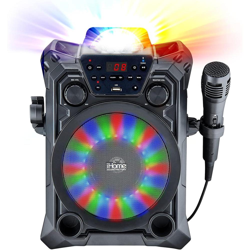 imageiHome Karaoke Machine Wireless Bluetooth Speaker System and Microphone with LED Disco Party Lights Echo Control USB Compatible with Samsung Apple Tablets MP3