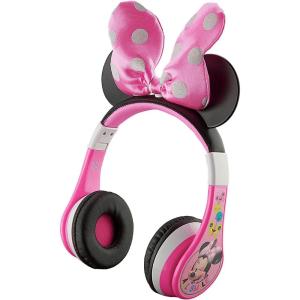 eKids Minnie Mouse Kids Bluetooth Headphones, Wireless with Microphone Includes Aux Cord, Volume Reduced Foldable Headphones for School, Home, or Travel, Pink