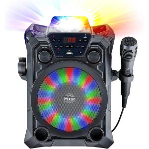 iHome Karaoke Machine Wireless Bluetooth Speaker System and Microphone with LED Disco Party Lights, Echo Control, USB, Compatible with Samsung Apple Tablets MP3