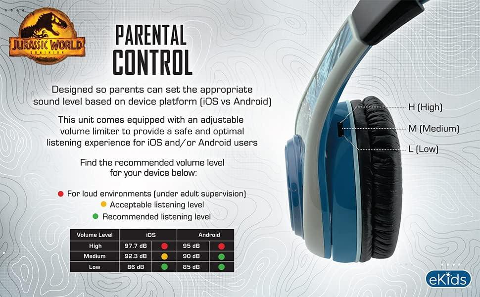 imageeKids Jurassic World Kids Headphones for Kids Adjustable Stereo TangleFree 35mm Jack Wired Cord Over Ear Headset for Children Parental Volume Control Safe Perfect for School Home and Travel