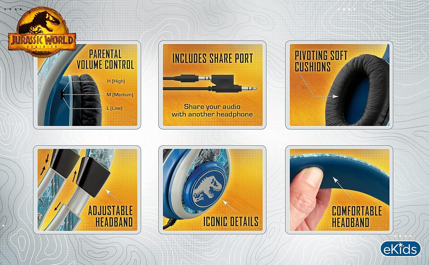 imageeKids Jurassic World Kids Headphones for Kids Adjustable Stereo TangleFree 35mm Jack Wired Cord Over Ear Headset for Children Parental Volume Control Safe Perfect for School Home and Travel