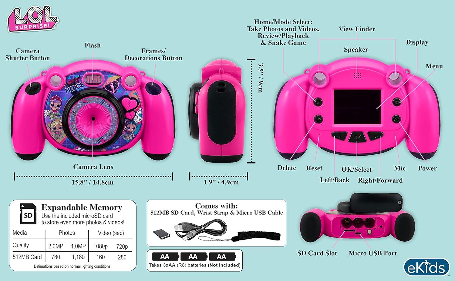 imageekids LOL Surprise Kids Camera with SD Card Digital Camera for Kids with HD Video Camera Builtin Digital Stickers for Fans of LOL Toys for Girls Pink