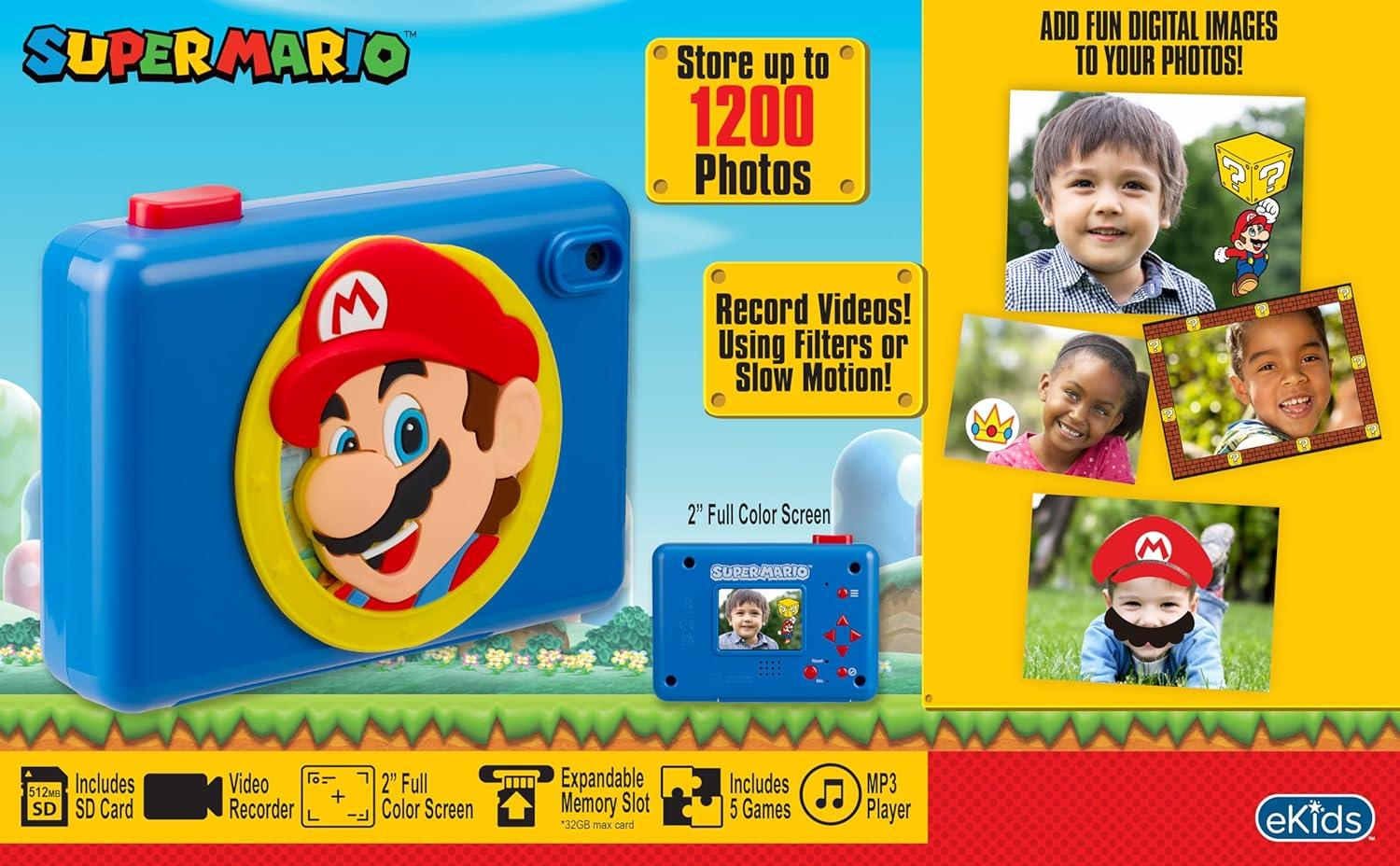 image:imageekids Super Mario Kids Camera with SD Card Digital Camera for Kids with Video Recording Builtin Digital Stickers for Fans of Mario Toys