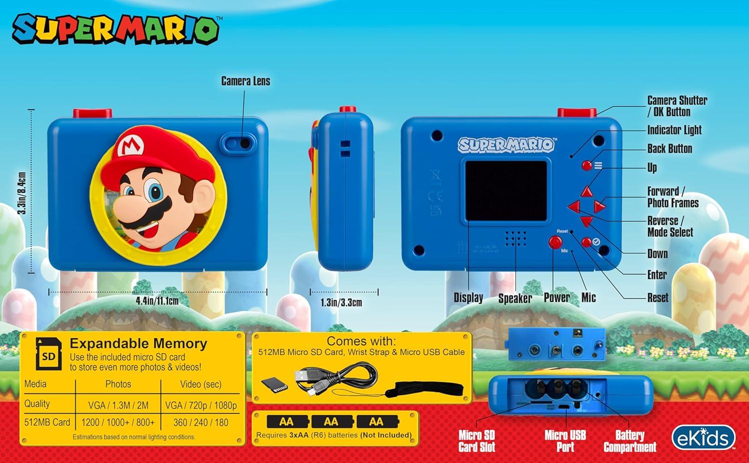 image:imageekids Super Mario Kids Camera with SD Card Digital Camera for Kids with Video Recording Builtin Digital Stickers for Fans of Mario Toys