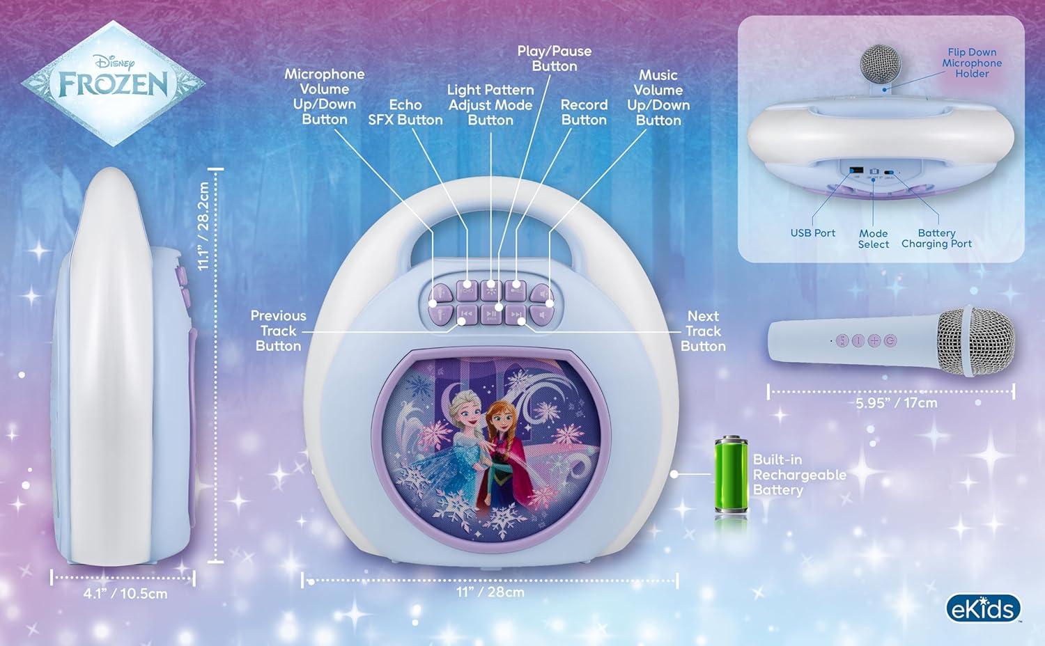 image:imageeKids Disney Frozen Karaoke Machine for Kids Bluetooth Speaker with Wireless Microphone Designed for Fans of Frozen Toys