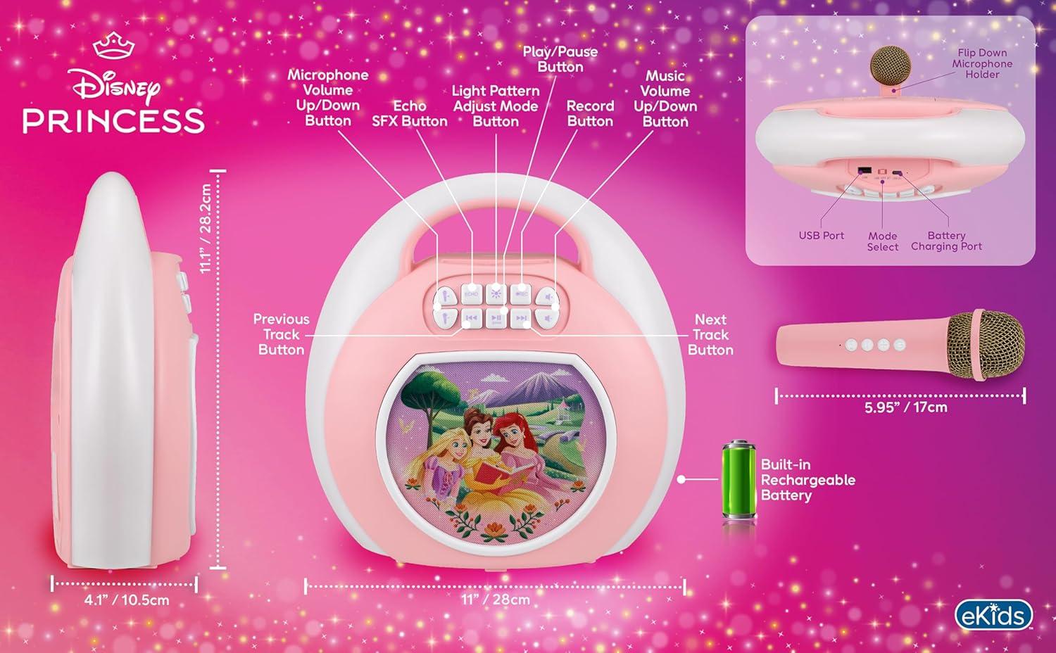 image:imageeKids Disney Princess Karaoke Machine for Kids Bluetooth Speaker with Wireless Microphone Designed for Fans of Disney Toys