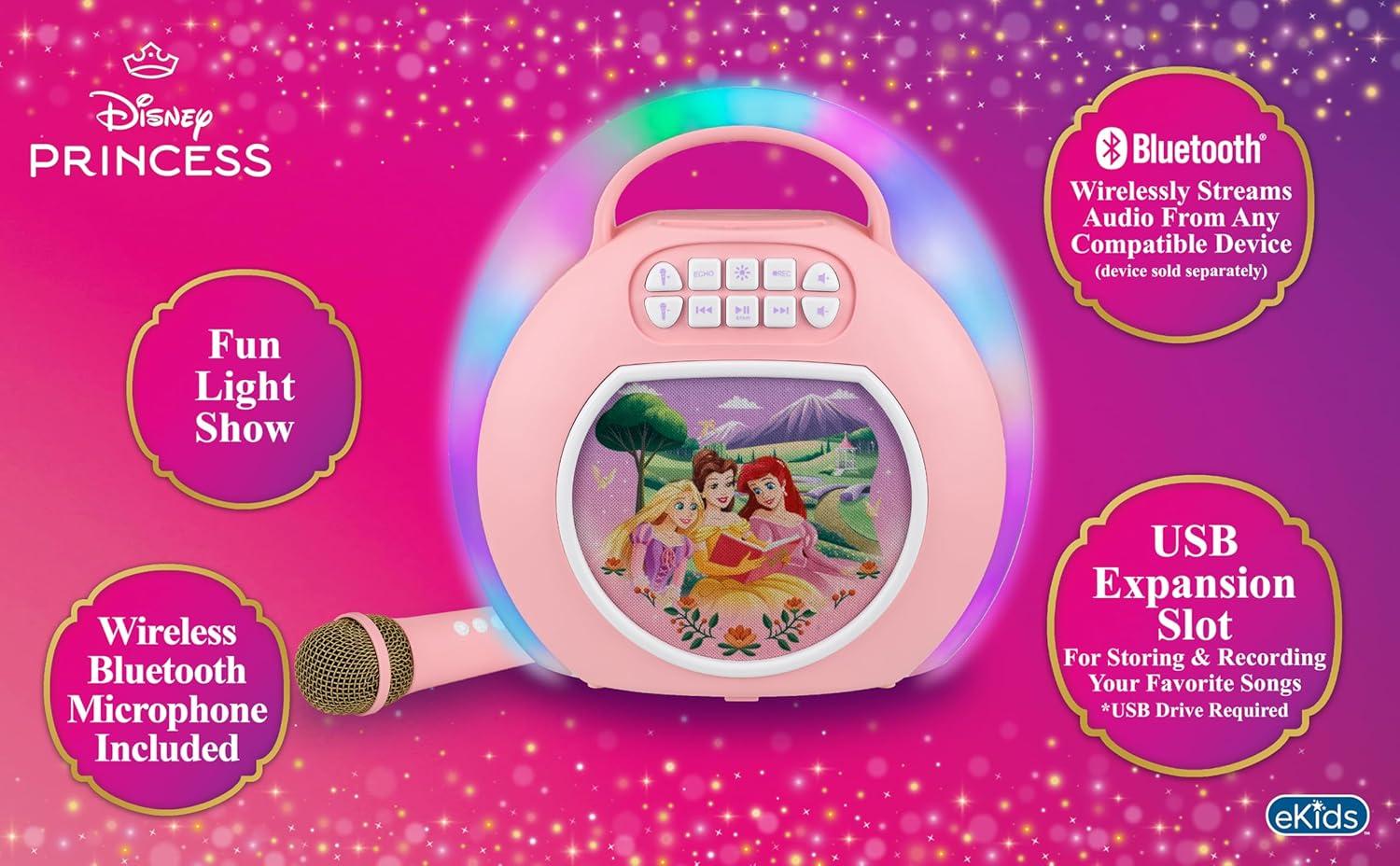 image:imageeKids Disney Princess Karaoke Machine for Kids Bluetooth Speaker with Wireless Microphone Designed for Fans of Disney Toys