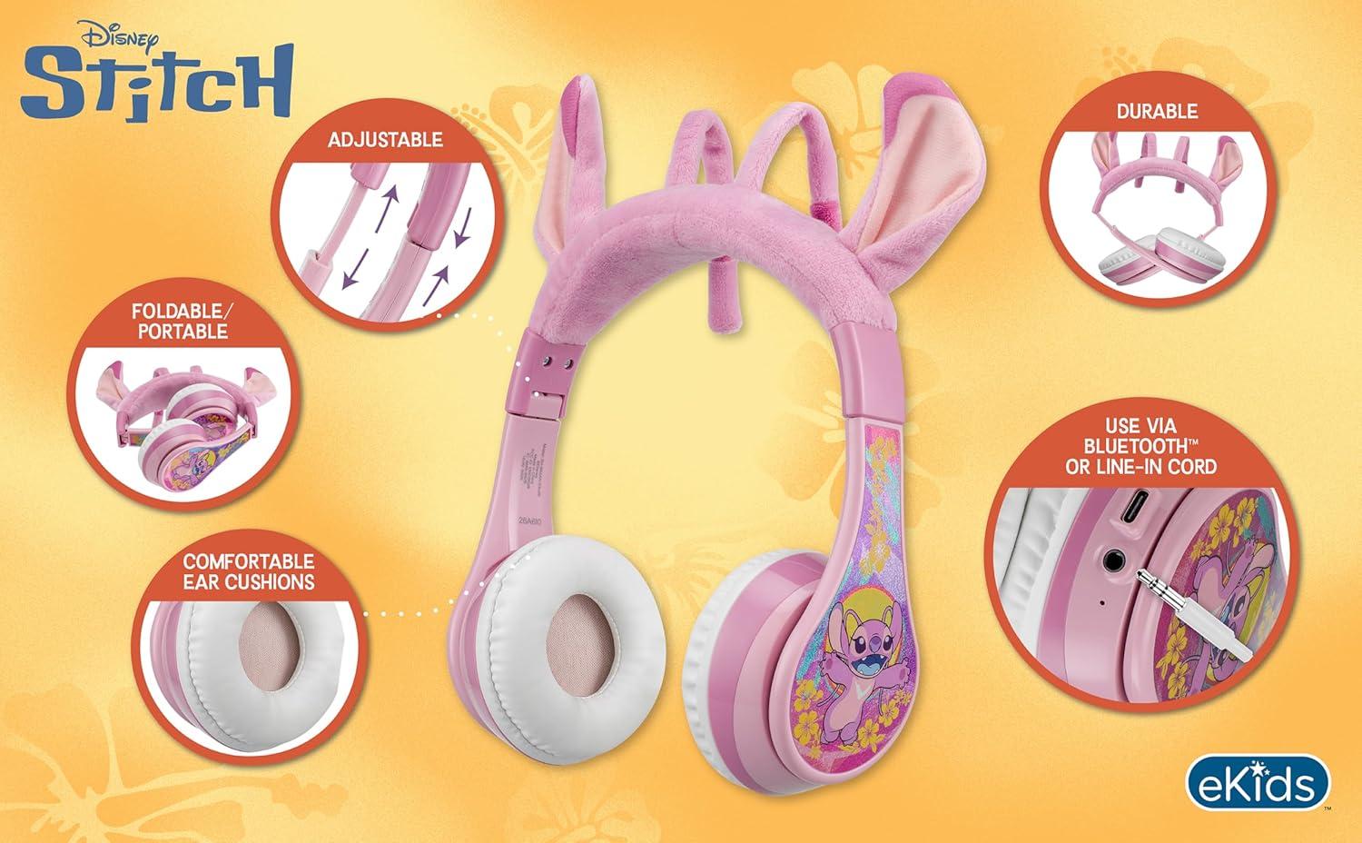 image:imageeKids Disney Stitch Angel Bluetooth Headphones Wireless Headphones with Microphone Includes Aux Cord Volume Reduced Kids Foldable Headphones for School Home or Travel