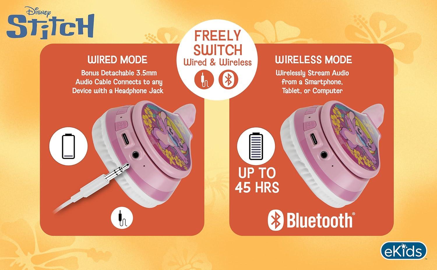image:imageeKids Disney Stitch Angel Bluetooth Headphones Wireless Headphones with Microphone Includes Aux Cord Volume Reduced Kids Foldable Headphones for School Home or Travel