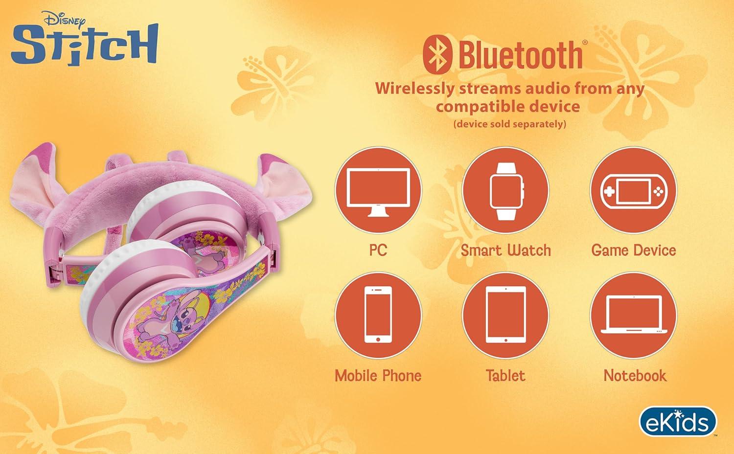 image:imageeKids Disney Stitch Angel Bluetooth Headphones Wireless Headphones with Microphone Includes Aux Cord Volume Reduced Kids Foldable Headphones for School Home or Travel