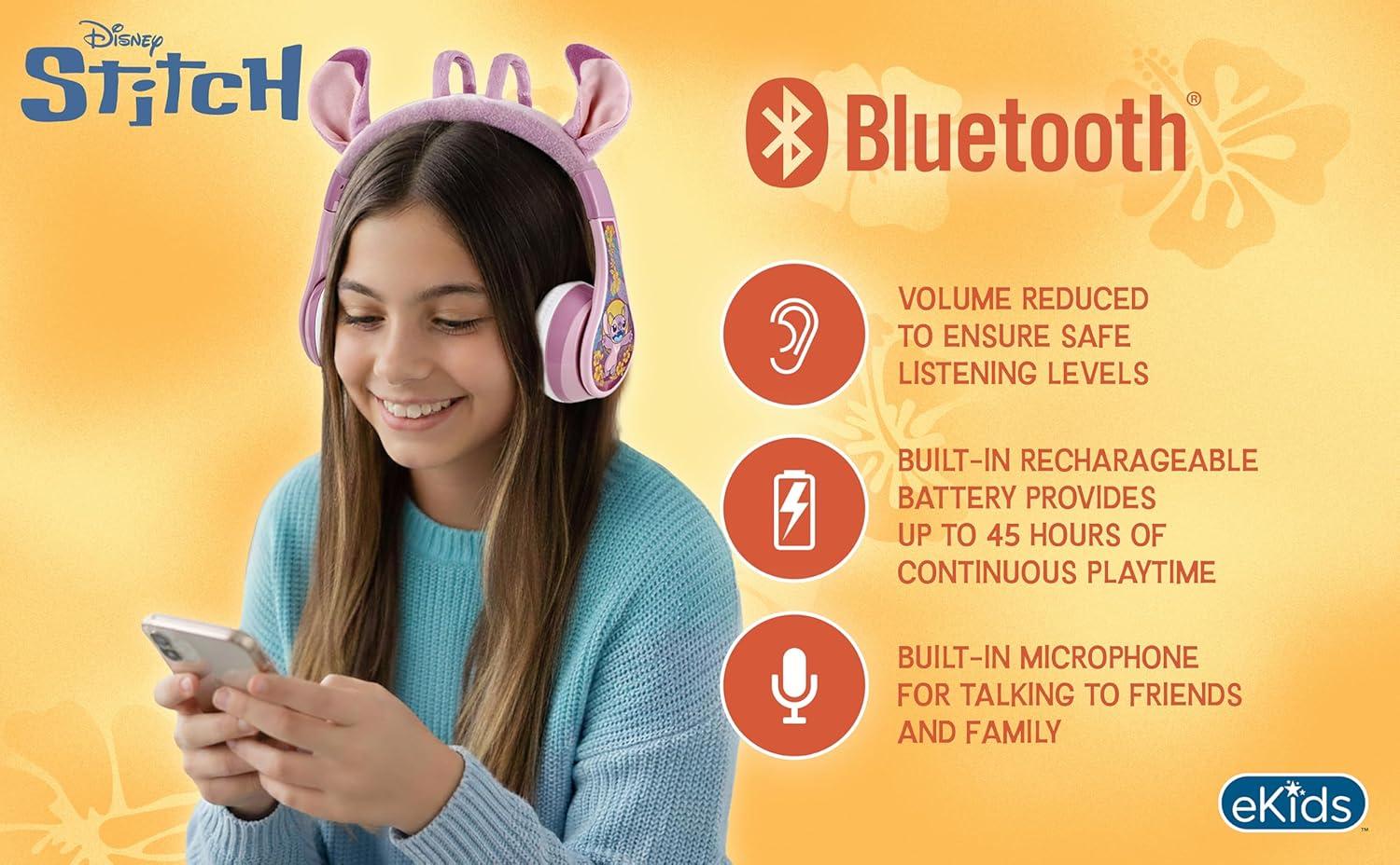 image:imageeKids Disney Stitch Angel Bluetooth Headphones Wireless Headphones with Microphone Includes Aux Cord Volume Reduced Kids Foldable Headphones for School Home or Travel