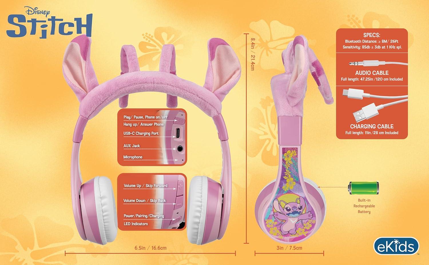 image:imageeKids Disney Stitch Angel Bluetooth Headphones Wireless Headphones with Microphone Includes Aux Cord Volume Reduced Kids Foldable Headphones for School Home or Travel