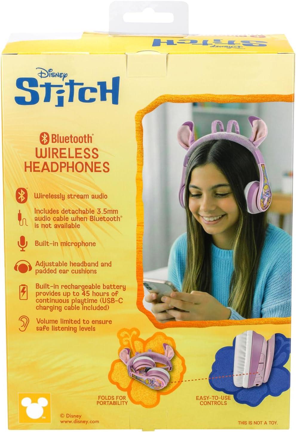 image:imageeKids Disney Stitch Angel Bluetooth Headphones Wireless Headphones with Microphone Includes Aux Cord Volume Reduced Kids Foldable Headphones for School Home or Travel
