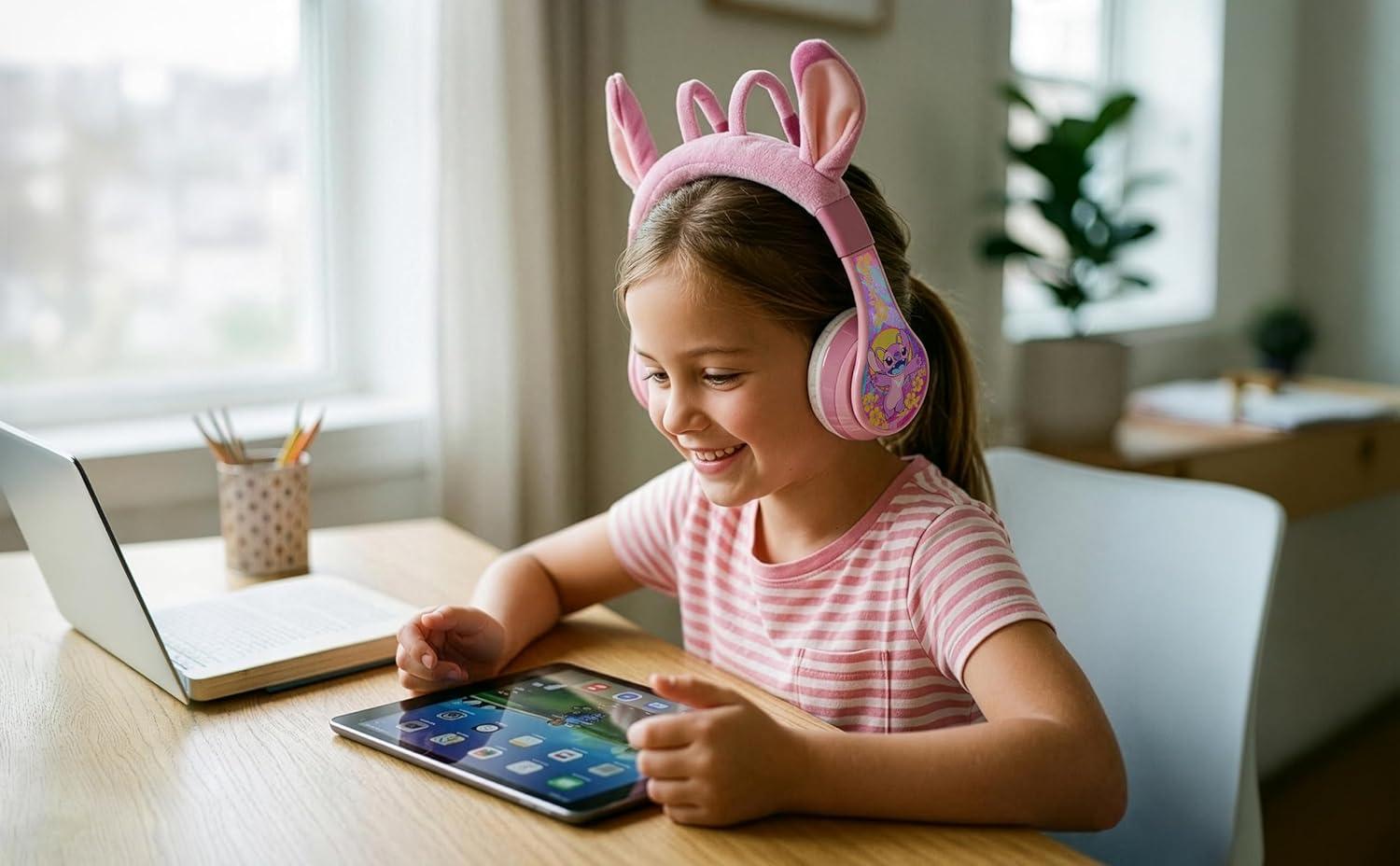 image:imageeKids Disney Stitch Angel Bluetooth Headphones Wireless Headphones with Microphone Includes Aux Cord Volume Reduced Kids Foldable Headphones for School Home or Travel