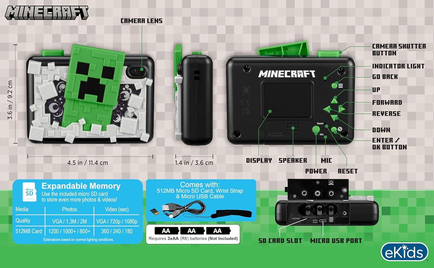 image:imageMinecraft Kids Camera with SD Card Digital Camera for Kids with Video Recording and Builtin Digital Stickers for Kids