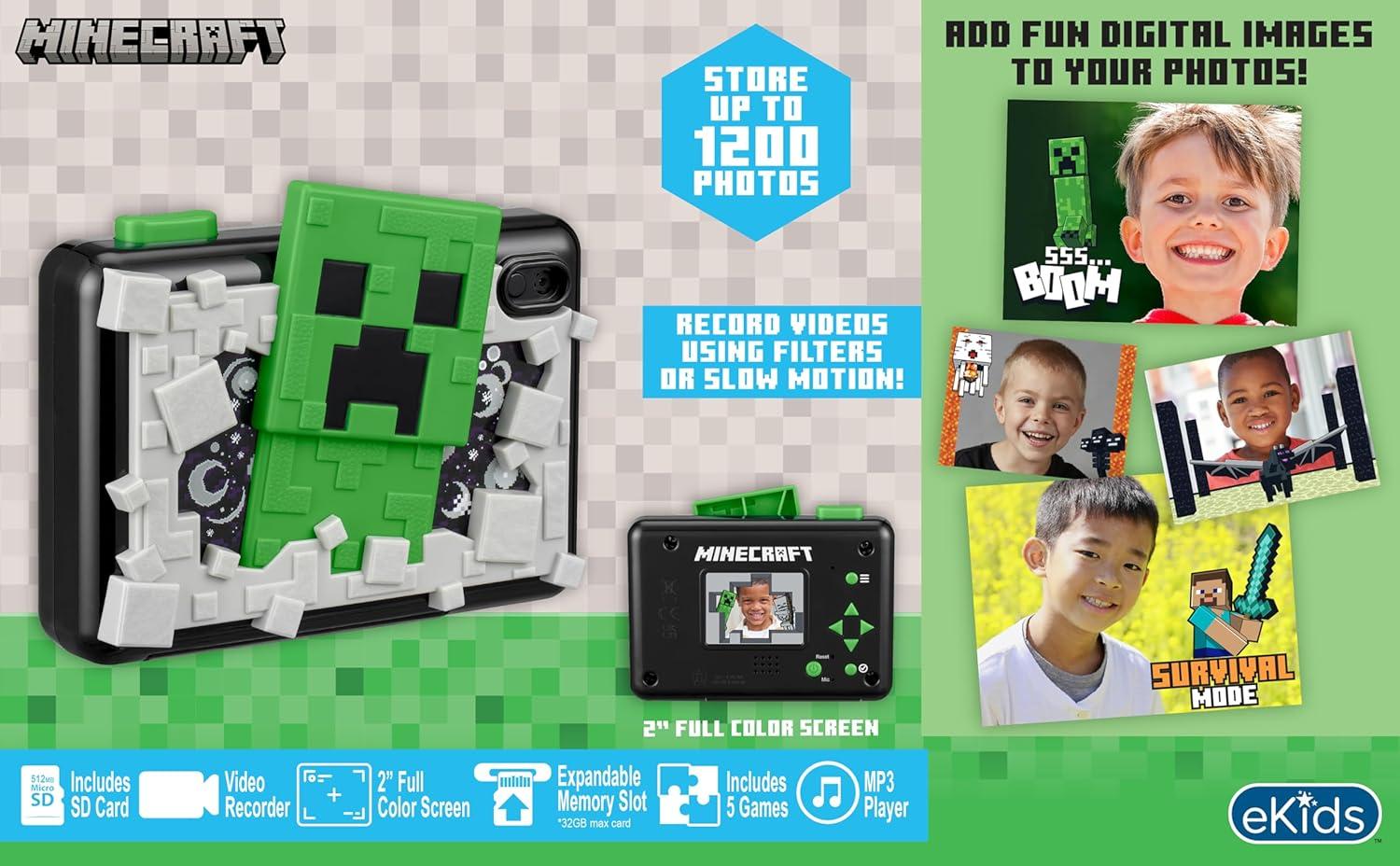 image:imageMinecraft Kids Camera with SD Card Digital Camera for Kids with Video Recording and Builtin Digital Stickers for Kids