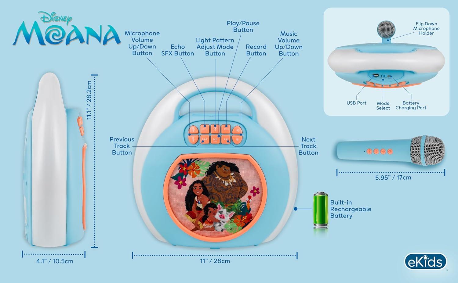 image:imageeKids Moana Karaoke Machine for Kids Bluetooth Speaker with Wireless Microphone Designed for Fans of Moana Toys