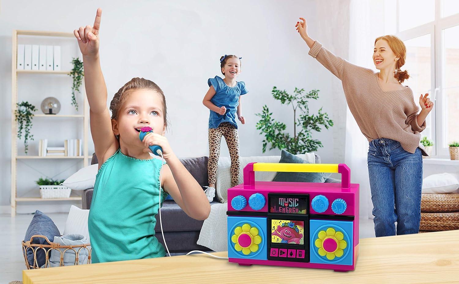 image:imageekids Trolls World Tour Sing Along Boom Box Speaker with Microphone for Fans of Trolls Toys for Girls Kids Karaoke Machine with Built in Music and Flashing Lights
