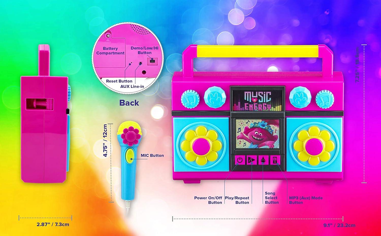 image:imageekids Trolls World Tour Sing Along Boom Box Speaker with Microphone for Fans of Trolls Toys for Girls Kids Karaoke Machine with Built in Music and Flashing Lights