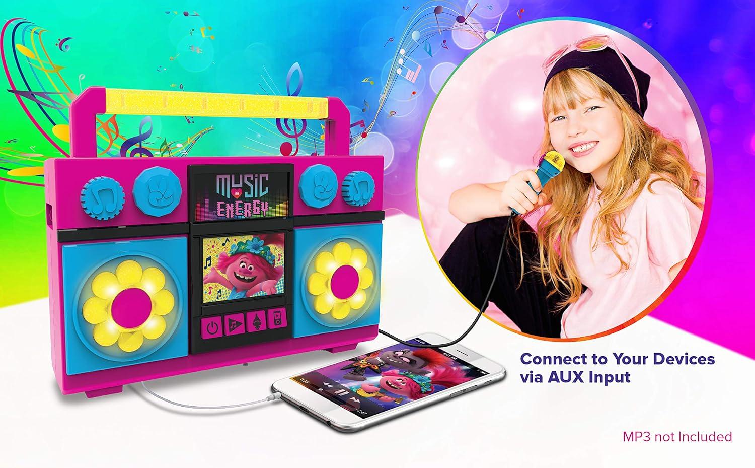 image:imageekids Trolls World Tour Sing Along Boom Box Speaker with Microphone for Fans of Trolls Toys for Girls Kids Karaoke Machine with Built in Music and Flashing Lights