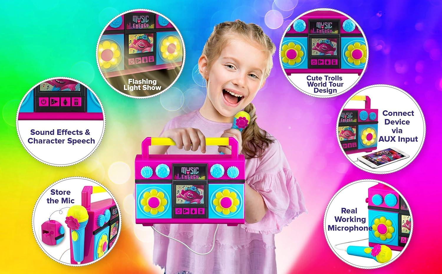 image:imageekids Trolls World Tour Sing Along Boom Box Speaker with Microphone for Fans of Trolls Toys for Girls Kids Karaoke Machine with Built in Music and Flashing Lights