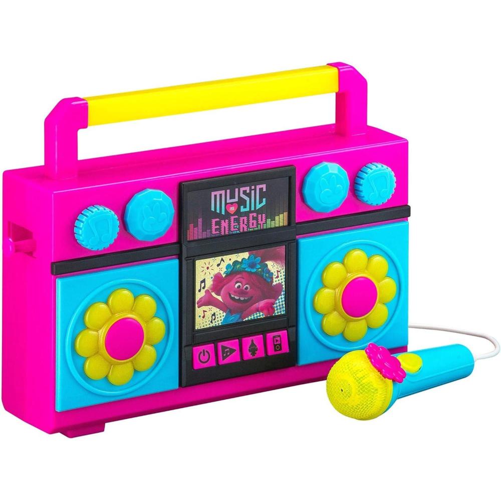 image:imageekids Trolls World Tour Sing Along Boom Box Speaker with Microphone for Fans of Trolls Toys for Girls Kids Karaoke Machine with Built in Music and Flashing Lights