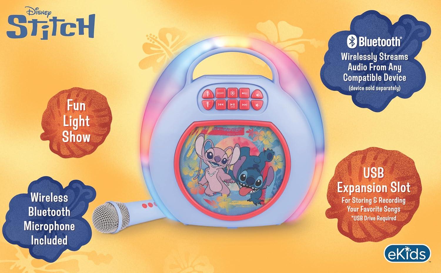 image:imageeKids Disney Stitch Karaoke Machine for Kids Bluetooth Speaker with Wireless Microphone Designed for Fans of Stitch Toys