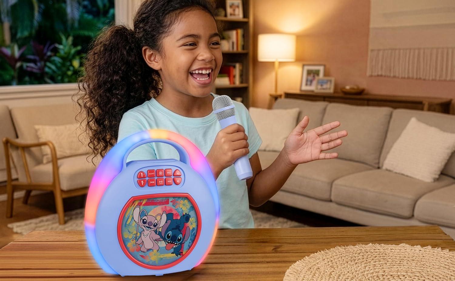 image:imageeKids Disney Stitch Karaoke Machine for Kids Bluetooth Speaker with Wireless Microphone Designed for Fans of Stitch Toys